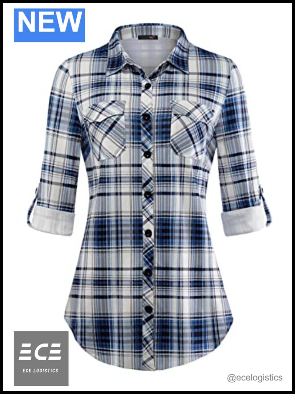 Womens Soft Stretchy Knit Plaid Button Down Blouse Roll Up Sleeve
